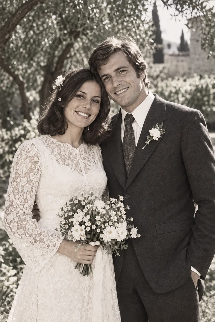 Portrait de mariage fictif restauré avec PixAgain, visages plus nets et dommages atténués